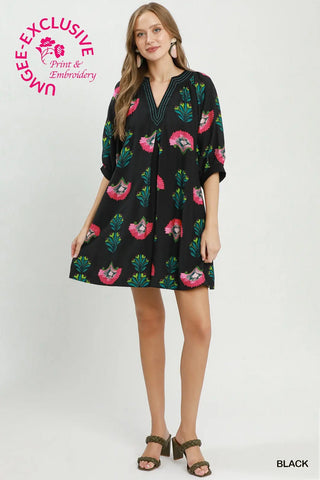 Umgee Black Abstract Print Mini Dress w/ Pockets