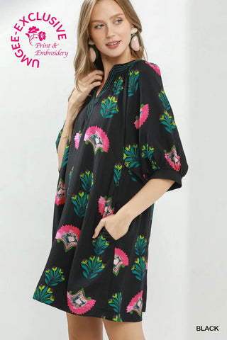 Umgee Black Abstract Print Mini Dress w/ Pockets