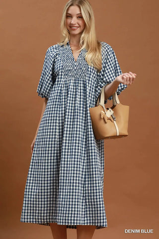 Denim Blue Puff Sleeve Plaid Midi Dress
