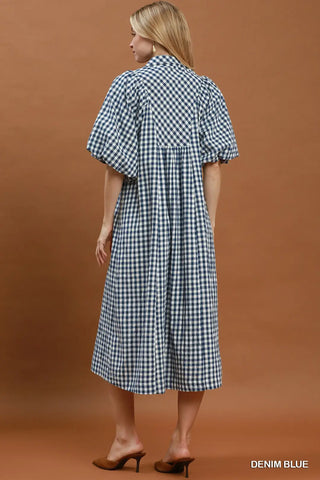 Denim Blue Puff Sleeve Plaid Midi Dress