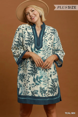 Curvy Teal Mix Botanical Print Contrast Trim Shift Dress