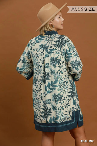 Curvy Teal Mix Botanical Print Contrast Trim Shift Dress