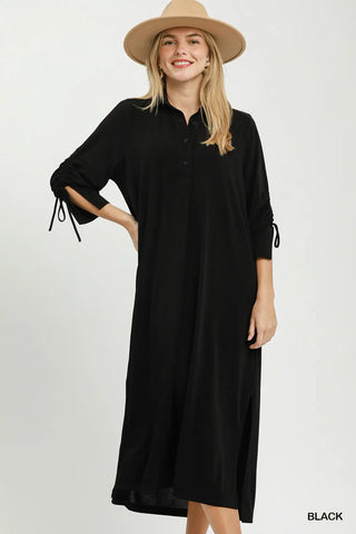 Black Ruched Sleeve Button Front Midi Dress w/ Pockets
