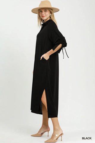 Black Ruched Sleeve Button Front Midi Dress w/ Pockets