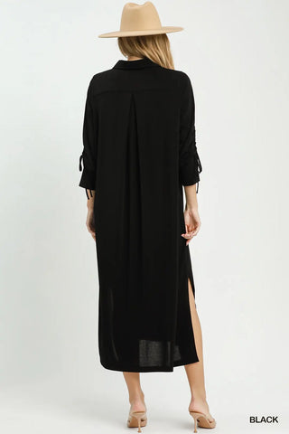 Black Ruched Sleeve Button Front Midi Dress w/ Pockets