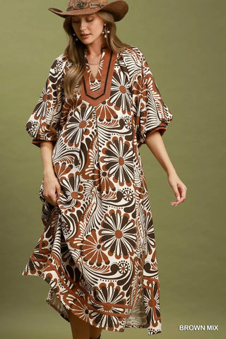 Brown Abstract Print Midi Dress w/ Pockets