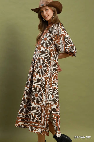 Brown Abstract Print Midi Dress w/ Pockets