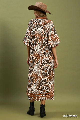Brown Abstract Print Midi Dress w/ Pockets