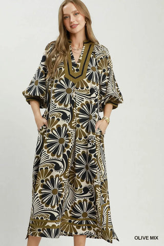 Curvy Olive Abstract Print Midi Dress w/ Pockets