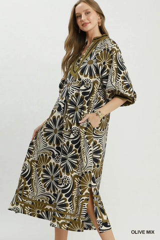Curvy Olive Abstract Print Midi Dress w/ Pockets