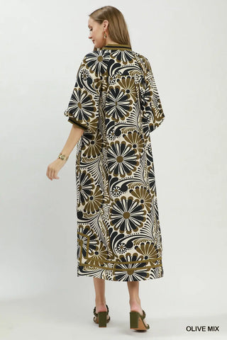 Curvy Olive Abstract Print Midi Dress w/ Pockets