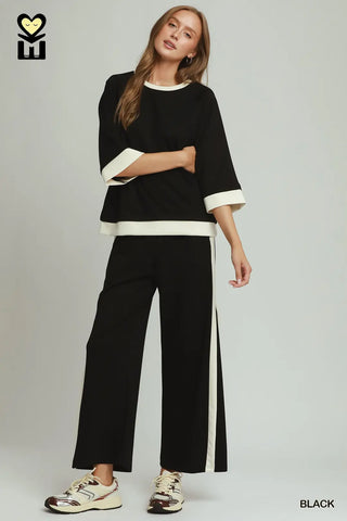 Black LUXEKNIT Colorblock Crewneck Raglan Pant Set
