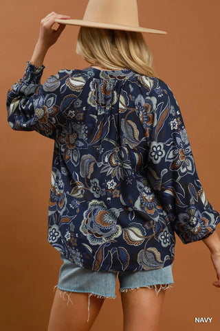Navy Floral Print Long Sleeve Blouse