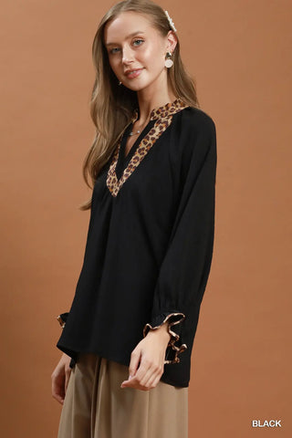 Curvy Black Leopard Trim V-Neck Puff Sleeve Blouse