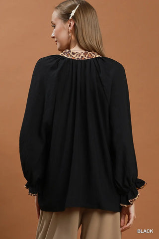 Curvy Black Leopard Trim V-Neck Puff Sleeve Blouse