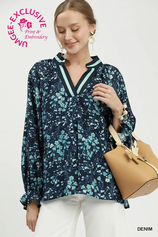 Denim Floral Print Contrast Trim Long Sleeve Blouse