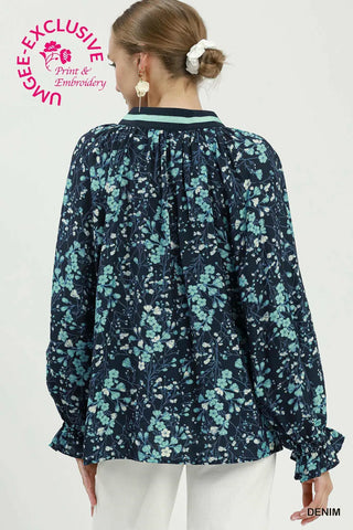 Denim Floral Print Contrast Trim Long Sleeve Blouse