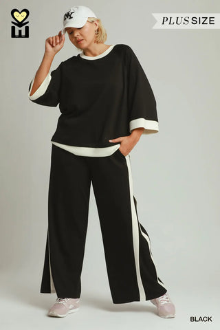 Curvy Black LUXEKNIT Colorblock Crewneck Raglan Pant Set