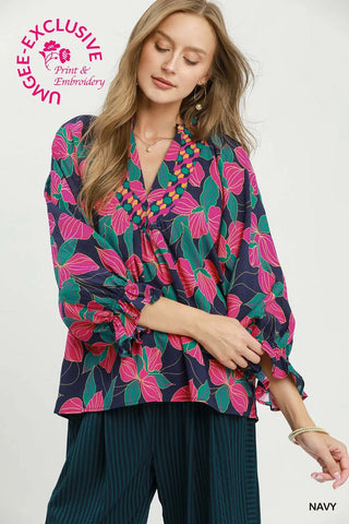 Navy Bold Floral Print Split Neck Blouse