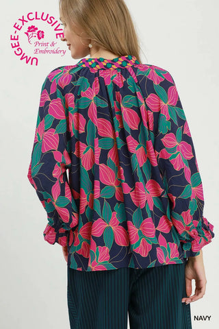 Navy Bold Floral Print Split Neck Blouse