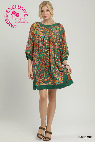 Paisley Print Balloon Sleeve Dress w/ Pockets