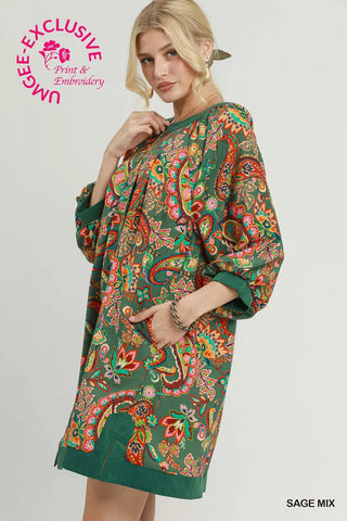 Paisley Print Balloon Sleeve Dress w/ Pockets