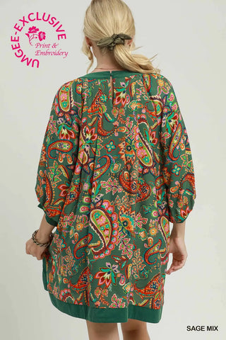 Paisley Print Balloon Sleeve Dress w/ Pockets