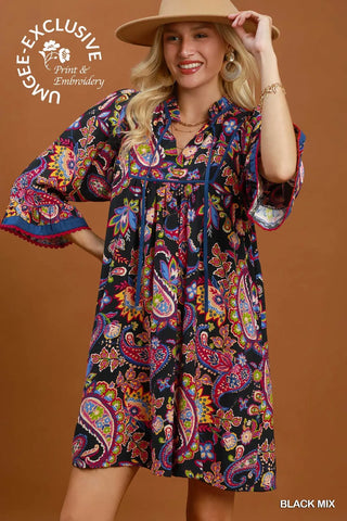 Black Paisley Print Mini Dress w/ Pockets