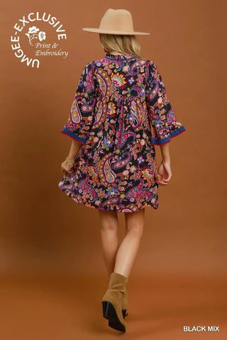 Black Paisley Print Mini Dress w/ Pockets