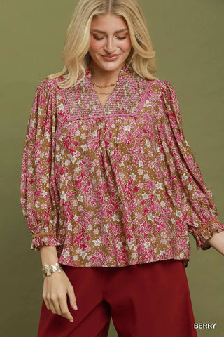 Berry Floral Print Long Sleeve Top