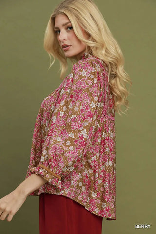 Berry Floral Print Long Sleeve Top