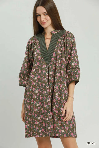 Olive Floral Print Corduroy Mini Dress w/ Pockets