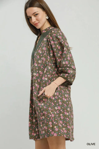 Olive Floral Print Corduroy Mini Dress w/ Pockets