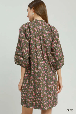 Olive Floral Print Corduroy Mini Dress w/ Pockets