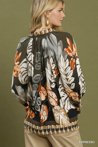 Espresso Tropical Border Print Split Neck Blouse