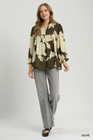 Olive Floral Smocked Yoke Peasant Blouse