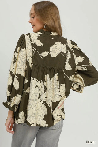 Olive Floral Smocked Yoke Peasant Blouse