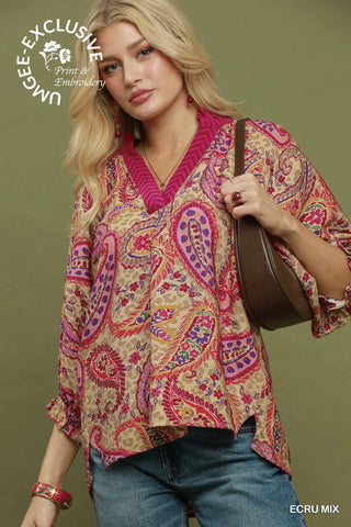 Ecru Mix Paisley Print Embroidered Boho Blouse
