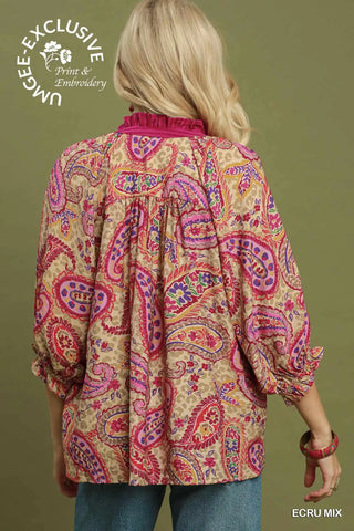 Ecru Mix Paisley Print Embroidered Boho Blouse