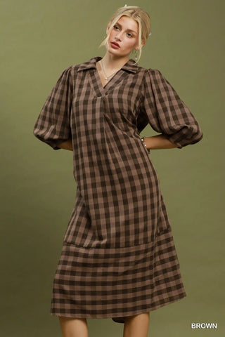Brown Checkered Midi Dress