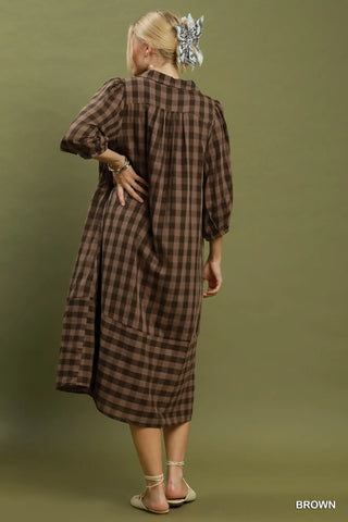 Brown Checkered Midi Dress