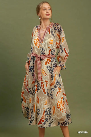 Mocha Abstract Print Midi Dress