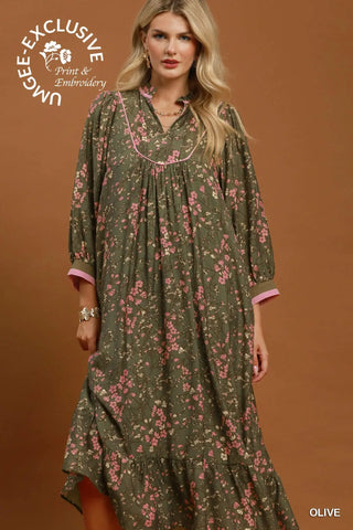 Olive Floral Print Contrast Trim Maxi Dress