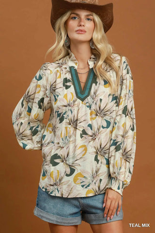 Teal Mix Floral Split Neck Blouse