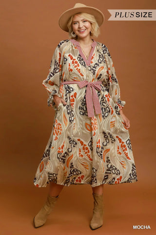 Curvy Mocha Abstract Print Midi Dress