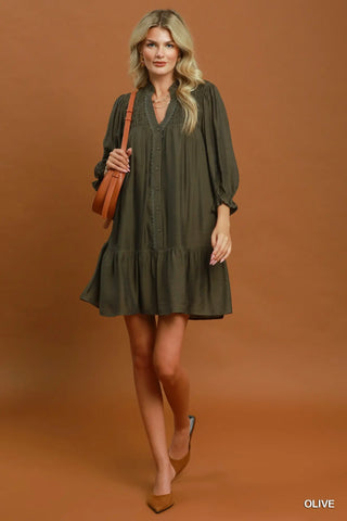 Olive Smocked Button Front Dress with Pockets
