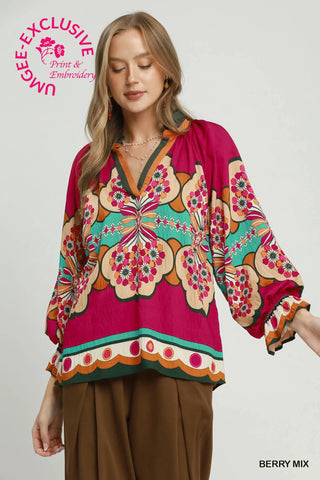 Berry Mix Floral Border Print Peasant Blouse
