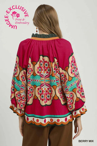 Berry Mix Floral Border Print Peasant Blouse