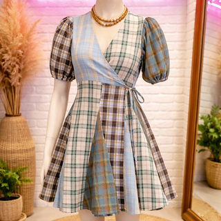 Mint Mixed Check Print Mini Wrap Dress