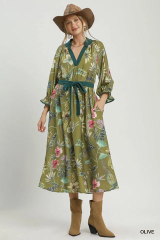 Olive Botanical Floral Print Belted Midi Dress